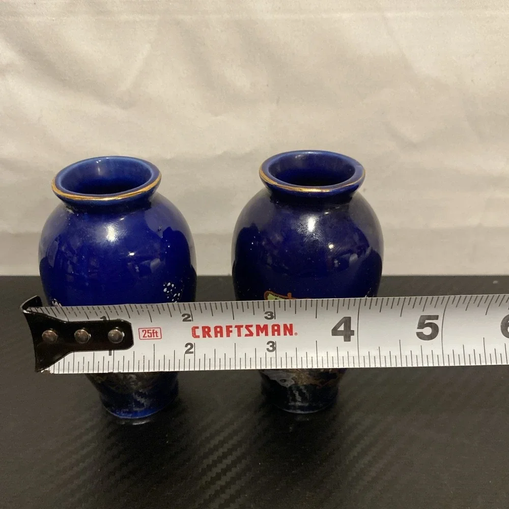 Vtg Pair of Cobalt Blue Hand Painted Artmark Japan Small Vases 4